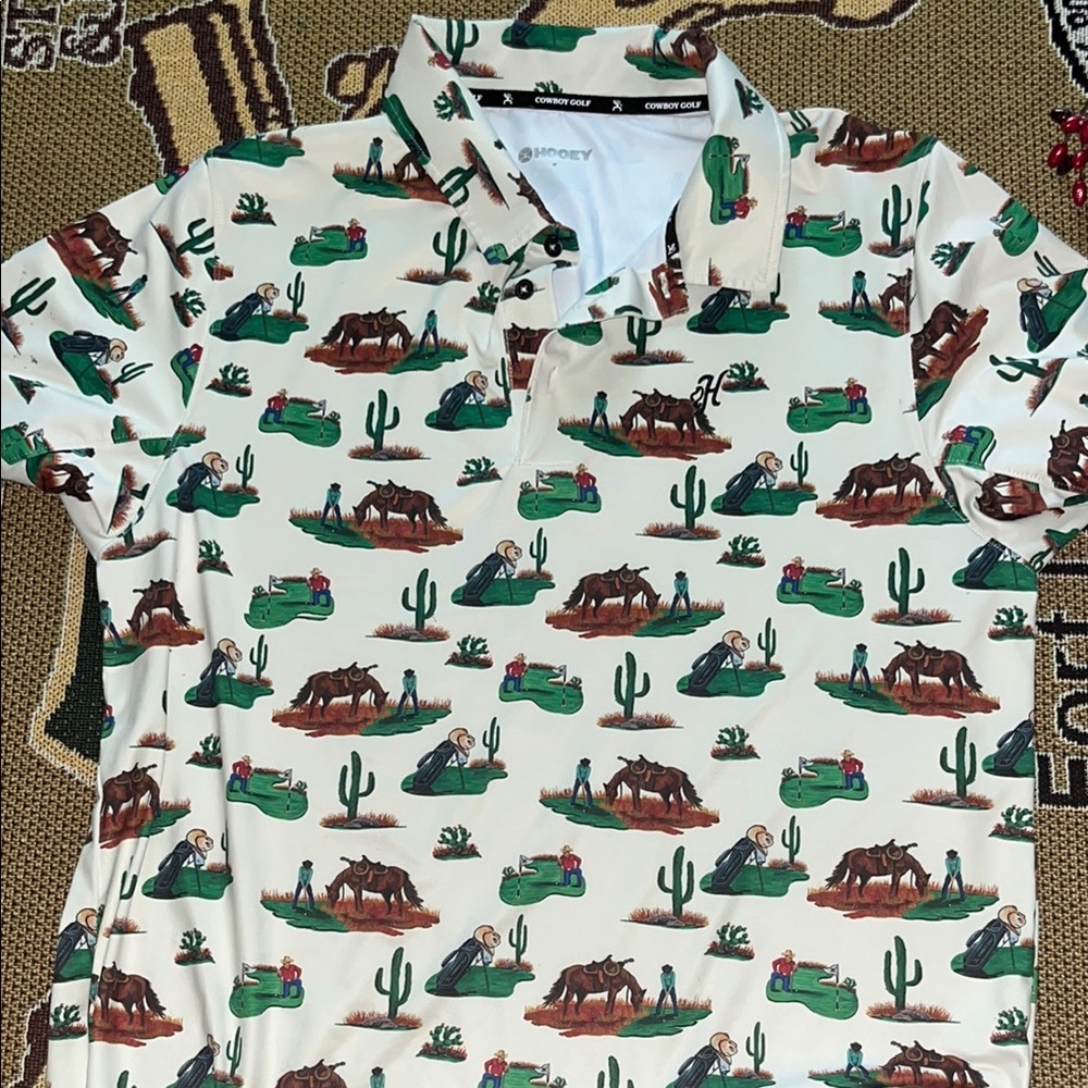 HOOEY Cream and Green Polo Shirt with Outdoor Pattern